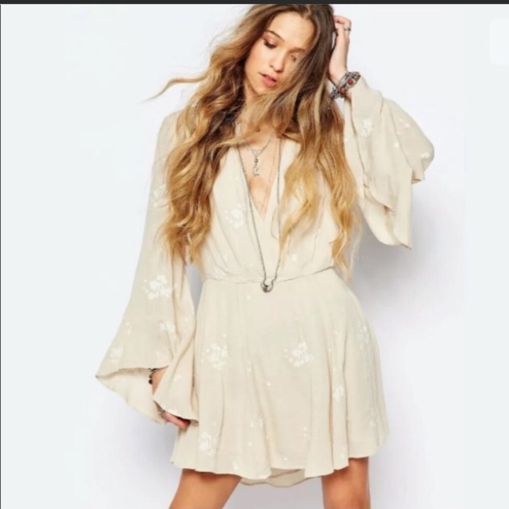 Free People Beige Jasmine Embroidered Bell Sleeve